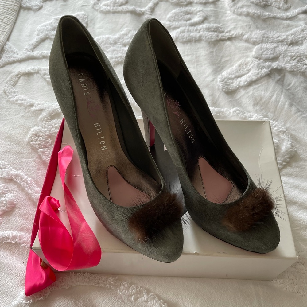 Paris Hilton grey suede with brown fur trim